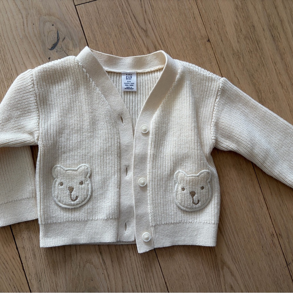 GAP Cream Baby Knit Cardigan with Bear Pocket Appliqués